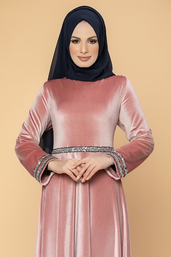 Bel Ve Kol Pul Şerit Detaylı Kadife Elbise-2055 Gülkurusu - Thumbnail