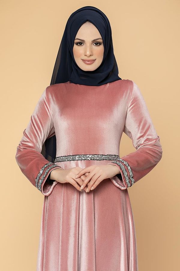 Bel Ve Kol Pul Şerit Detaylı Kadife Elbise-2055 Gülkurusu
