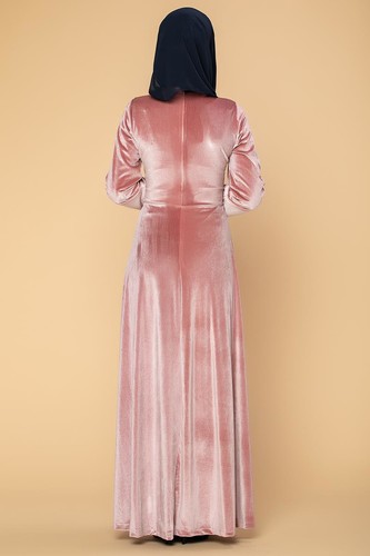 Bel Ve Kol Pul Şerit Detaylı Kadife Elbise-2055 Gülkurusu - Thumbnail