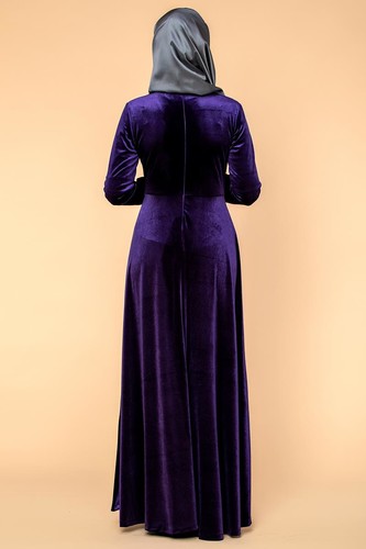 Bel Ve Kol Pul Şerit Detaylı Kadife Elbise-2055 Mor - Thumbnail