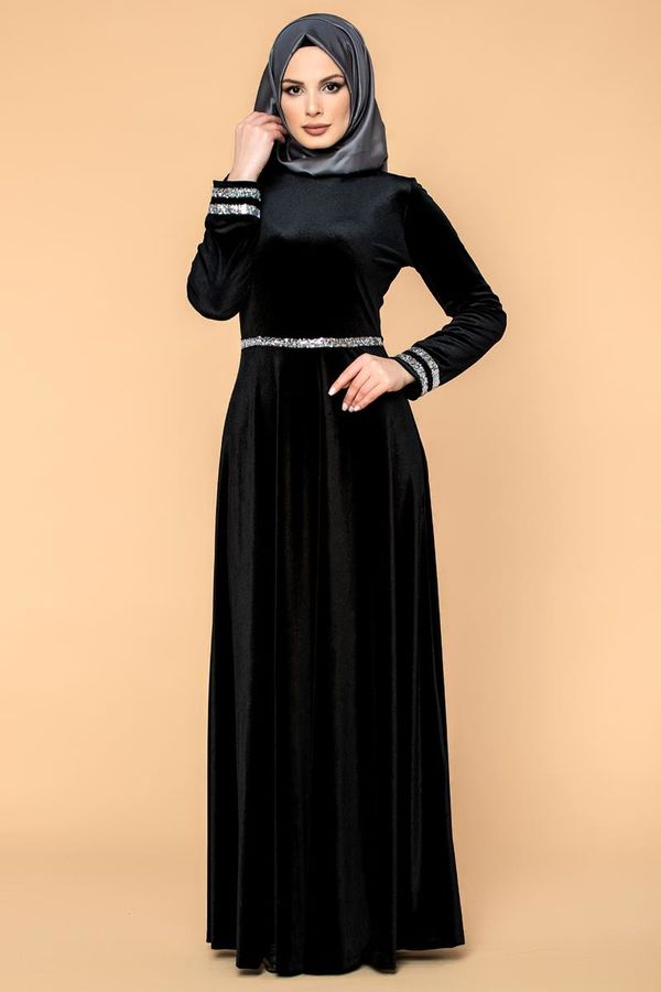 Bel Ve Kol Pul Şerit Detaylı Kadife Elbise-2055 Siyah