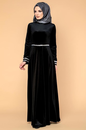 Bel Ve Kol Pul Şerit Detaylı Kadife Elbise-2055 Siyah - Thumbnail