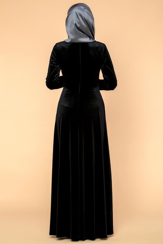 Bel Ve Kol Pul Şerit Detaylı Kadife Elbise-2055 Siyah - Thumbnail