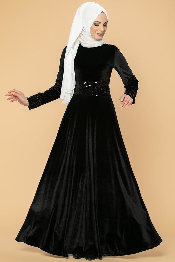 Bel Ve Kol Pulpayet Kadife Elbise-5050 Siyah