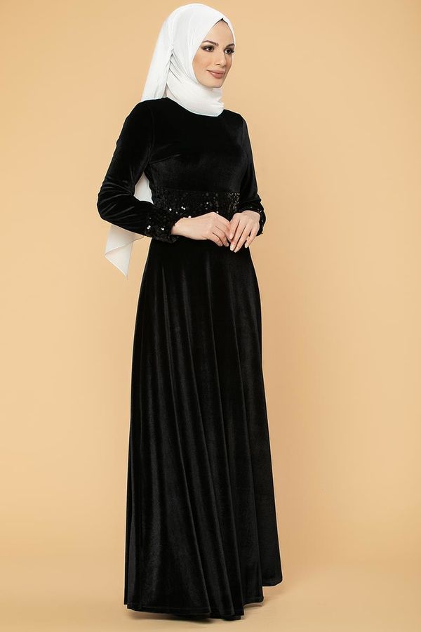 Bel Ve Kol Pulpayet Kadife Elbise-5050 Siyah