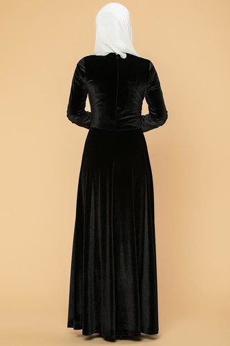Bel Ve Kol Pulpayet Kadife Elbise-5050 Siyah - Thumbnail