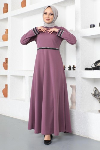 Modaebva - Bel Ve Kol Sim Detaylı Tesettür Elbise-3119 Gülkurusu (1)