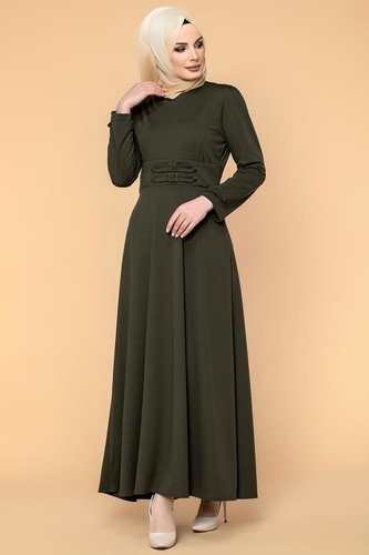 Bel Ve Kol Toka Detaylı Tesettür Elbise-4006 Hakiyeşil - Thumbnail