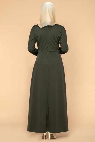 Bel Ve Kol Toka Detaylı Tesettür Elbise-4006 Hakiyeşil - Thumbnail