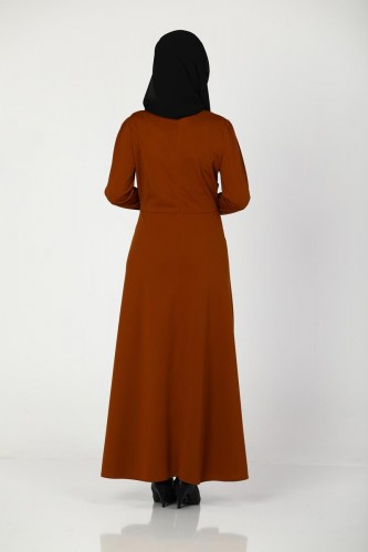 Bel Ve Kol Toka Detaylı Tesettür Elbise-4006 Kiremit - Thumbnail