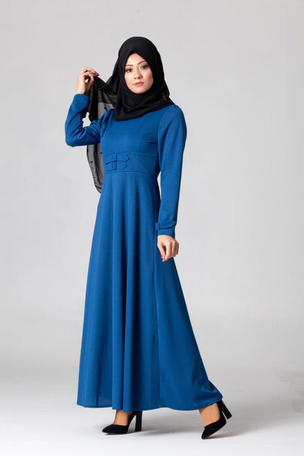 Bel Ve Kol Toka Detaylı Tesettür Elbise-4006 Mavi