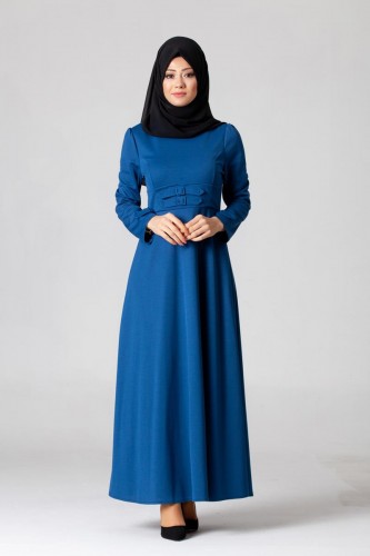 Bel Ve Kol Toka Detaylı Tesettür Elbise-4006 Mavi - Thumbnail