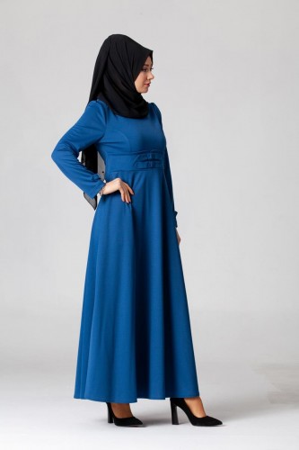 Bel Ve Kol Toka Detaylı Tesettür Elbise-4006 Mavi - Thumbnail