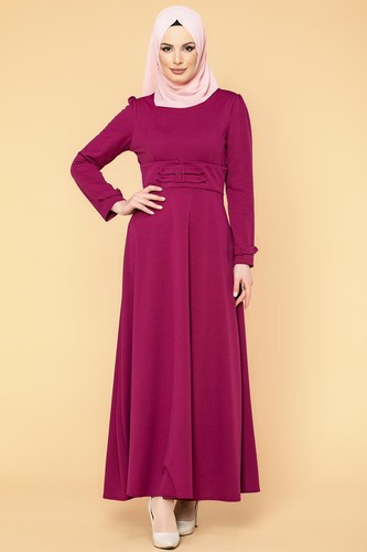 Bel Ve Kol Toka Detaylı Tesettür Elbise-4006 Şarabi - Thumbnail