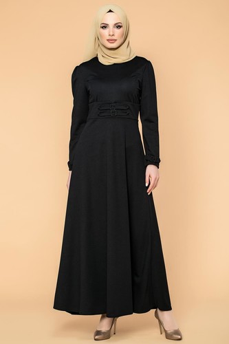 Bel Ve Kol Toka Detaylı Tesettür Elbise-4006 Siyah - Thumbnail