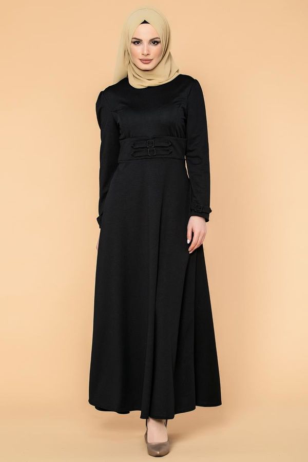 Bel Ve Kol Toka Detaylı Tesettür Elbise-4006 Siyah