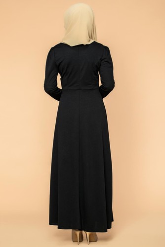 Bel Ve Kol Toka Detaylı Tesettür Elbise-4006 Siyah - Thumbnail