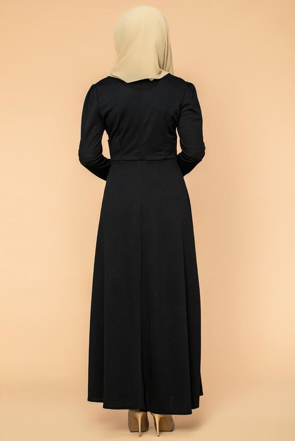 Bel Ve Kol Toka Detaylı Tesettür Elbise-4006 Siyah