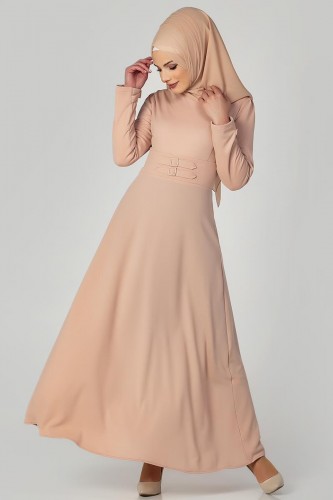 Bel Ve Kol Toka Detaylı Tesettür Elbise-4006 Somon - Thumbnail