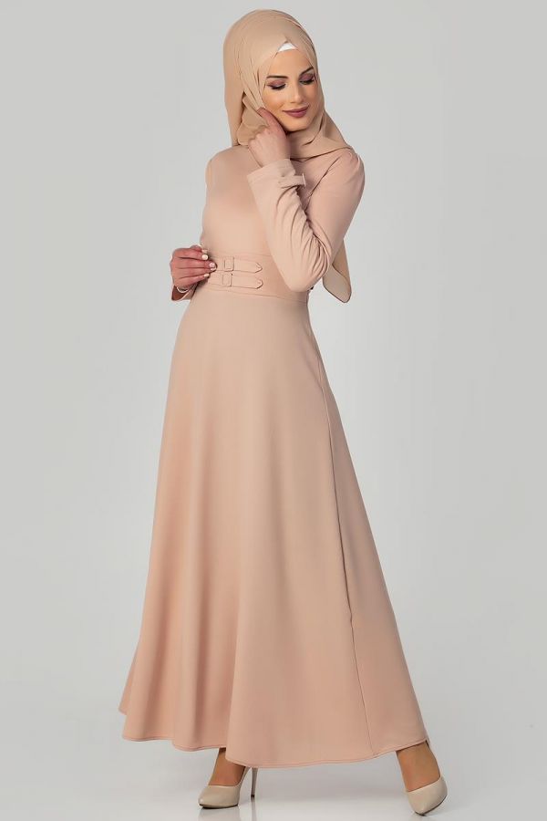 Bel Ve Kol Toka Detaylı Tesettür Elbise-4006 Somon