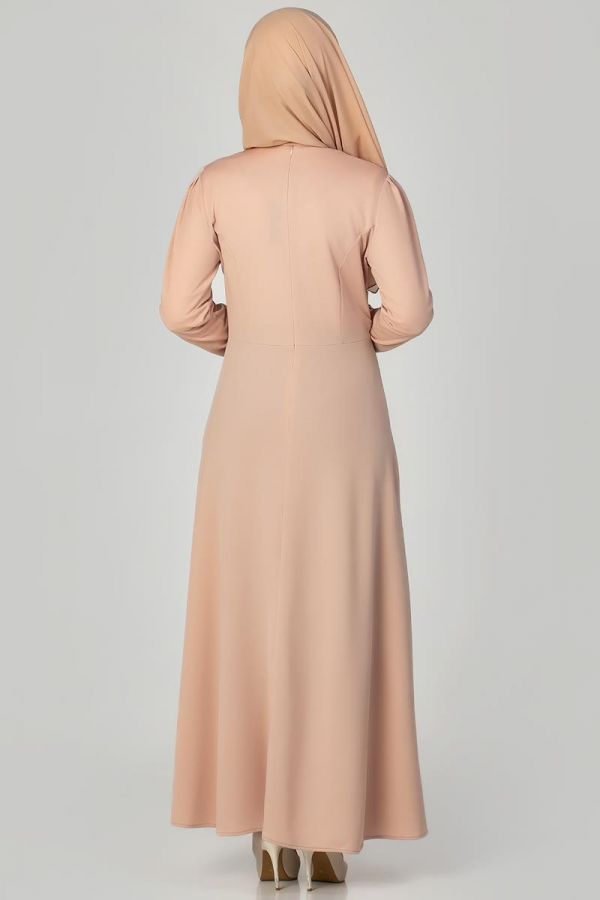 Bel Ve Kol Toka Detaylı Tesettür Elbise-4006 Somon