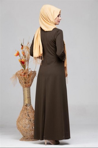 Bel Ve Kol Varak Taş İşleme Elbise-4000 Hakiyeşil - Thumbnail
