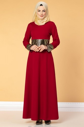 Bel Ve Kol Varaklı Elbise-5000 Kırmızı - Thumbnail