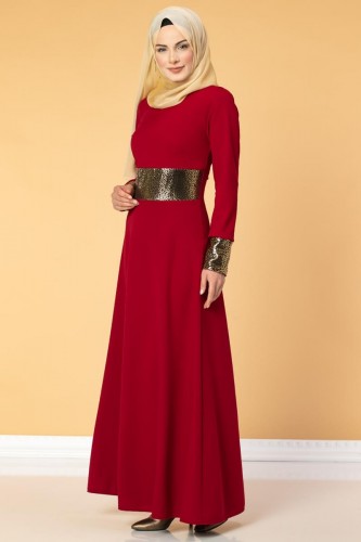 Bel Ve Kol Varaklı Elbise-5000 Kırmızı - Thumbnail