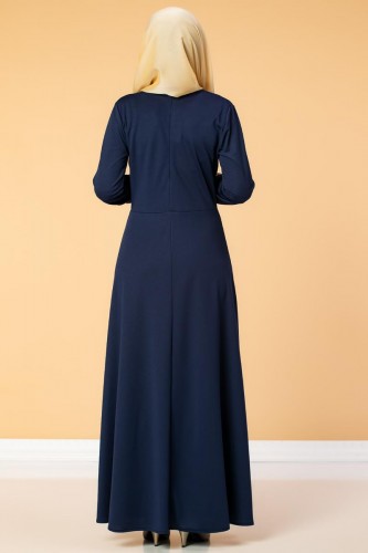 Bel Ve Kol Varaklı Elbise-5000 Lacivert - Thumbnail