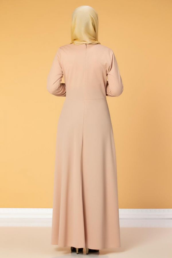 Bel Ve Kol Varaklı Elbise-5000 Pudra