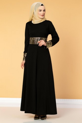 Bel Ve Kol Varaklı Elbise-5000 Siyah - Thumbnail