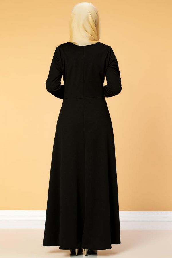Bel Ve Kol Varaklı Elbise-5000 Siyah