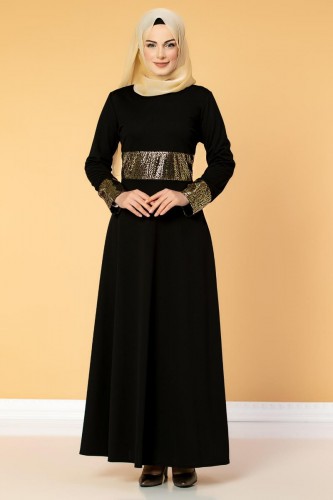 Bel Ve Kol Varaklı Elbise-5000 Siyah - Thumbnail