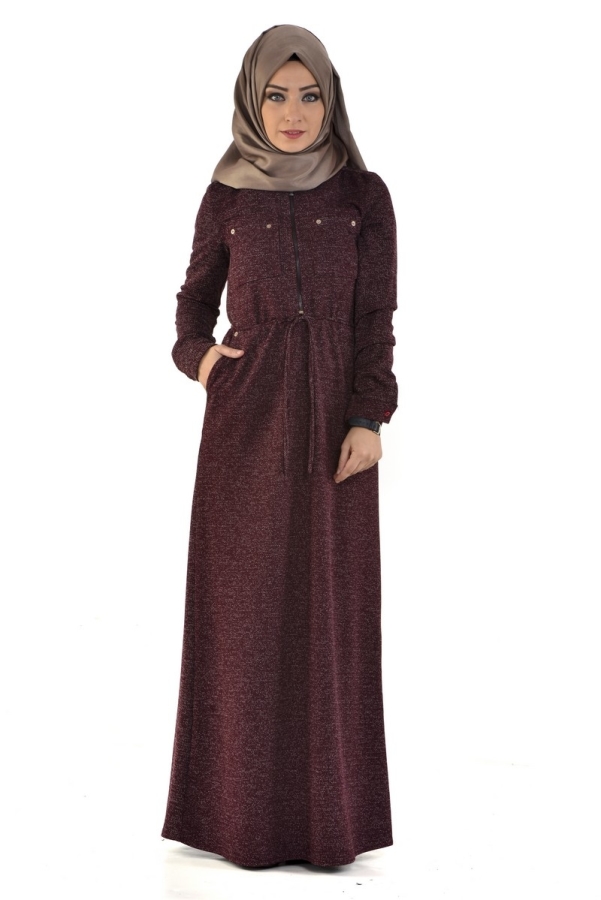 Belden Bağcıklı Fermuarlı Elbise Bordo-zrd21
