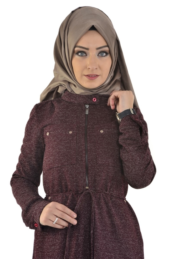 Belden Bağcıklı Fermuarlı Elbise Bordo-zrd21