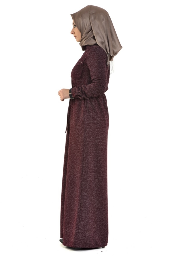 Belden Bağcıklı Fermuarlı Elbise Bordo-zrd21