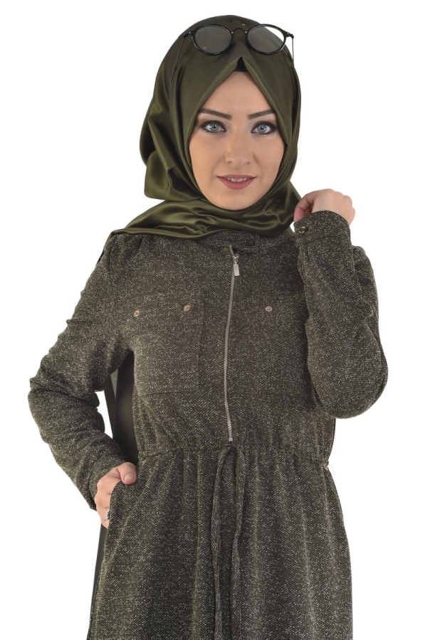Belden Bağcıklı Fermuarlı Elbise Yeşil-zrd21
