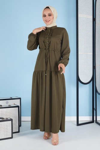 Belden Bağcıklı Önden Düğmeli Tesettür Elbise-3089 Hakiyeşil - Thumbnail