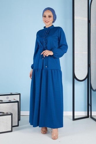 Modaebva - Belden Bağcıklı Önden Düğmeli Tesettür Elbise-3089 Mavi