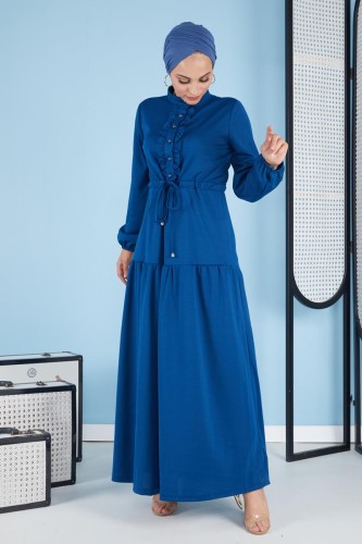 Belden Bağcıklı Önden Düğmeli Tesettür Elbise-3089 Mavi - Thumbnail