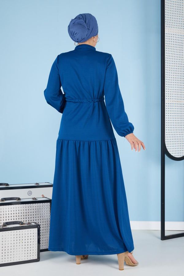 Belden Bağcıklı Önden Düğmeli Tesettür Elbise-3089 Mavi