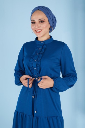 Belden Bağcıklı Önden Düğmeli Tesettür Elbise-3089 Mavi - Thumbnail