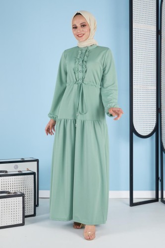Belden Bağcıklı Önden Düğmeli Tesettür Elbise-3089 Mintyeşili - Thumbnail