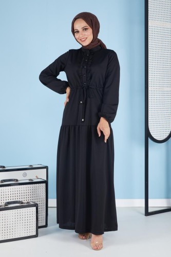 Modaebva - Belden Bağcıklı Önden Düğmeli Tesettür Elbise-3089 Siyah