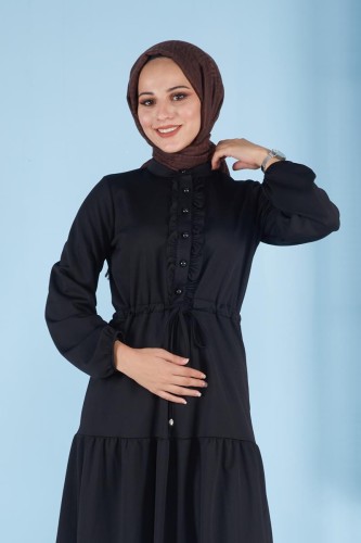 Modaebva - Belden Bağcıklı Önden Düğmeli Tesettür Elbise-3089 Siyah (1)