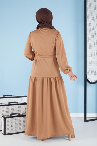 Belden Bağcıklı Önden Düğmeli Tesettür Elbise-3089 Vizon - Thumbnail