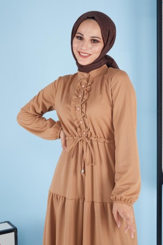 Modaebva - Belden Bağcıklı Önden Düğmeli Tesettür Elbise-3089 Vizon (1)