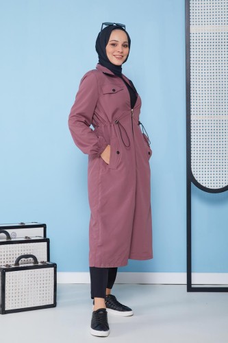 Modaebva - Belden Bağcıklı Tesettür Trençkot-3101 Gülkurusu (1)