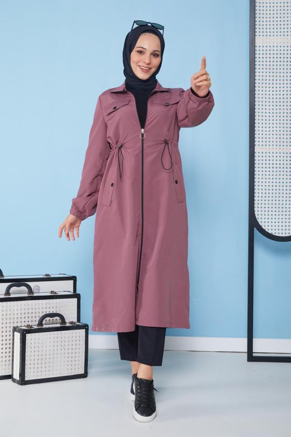 Belden Bağcıklı Tesettür Trençkot-3101 Gülkurusu