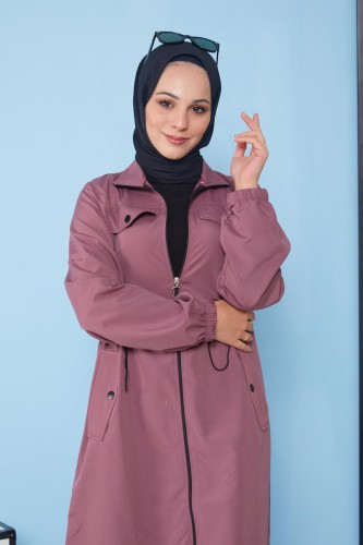 Belden Bağcıklı Tesettür Trençkot-3101 Gülkurusu - Thumbnail
